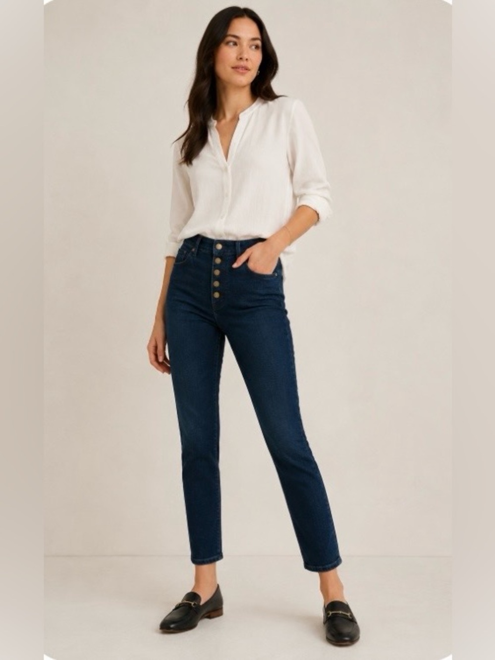 LOFT Dark Blue High-Rise Button-Fly Jeans